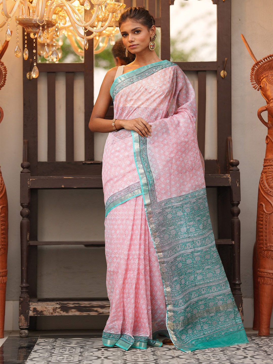 

Unnati Silks Ethnic Motifs Zari Handloom Kota Saree, Pink