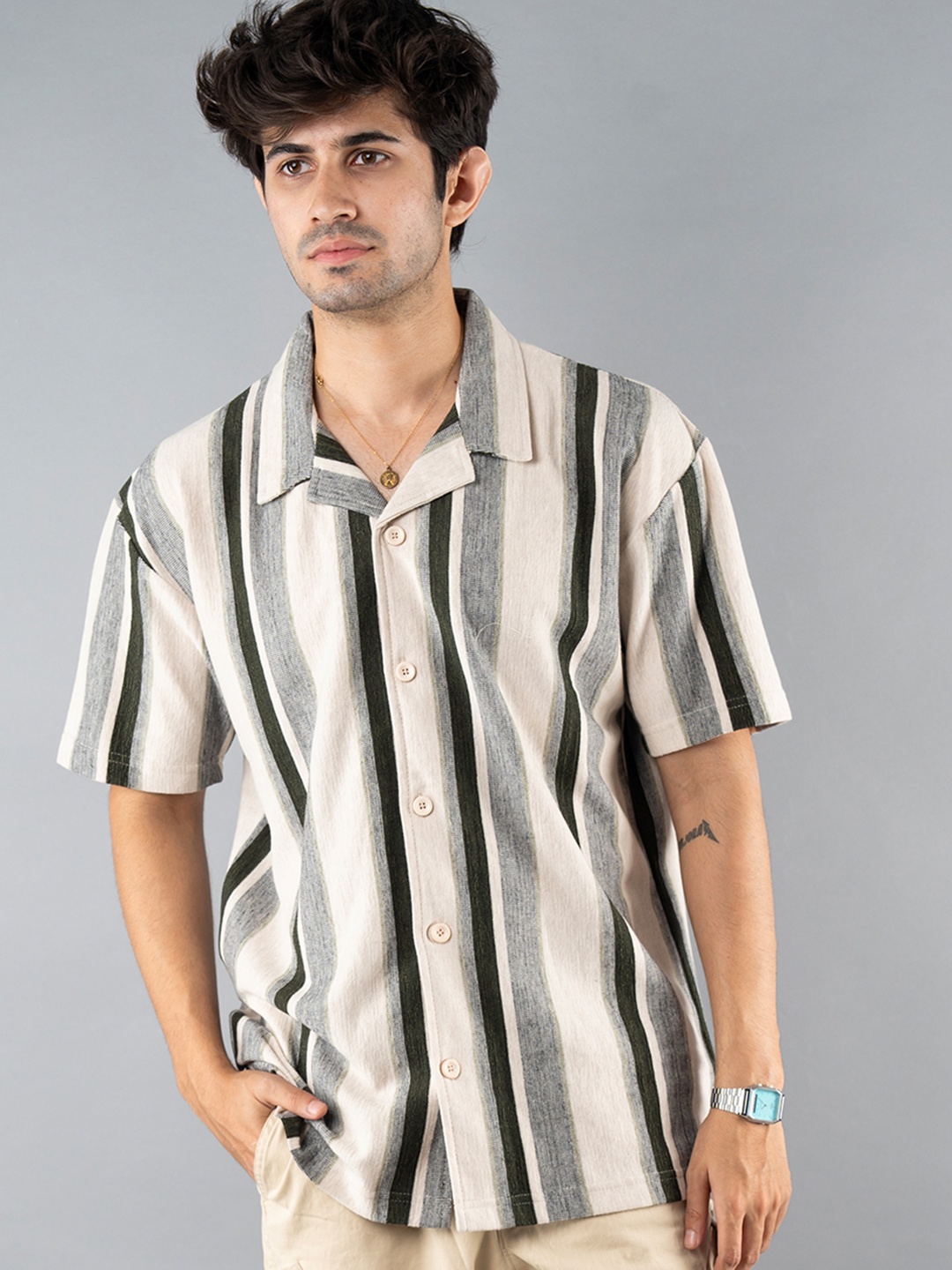 

PRONK Men Opaque Striped Casual Shirt, Beige