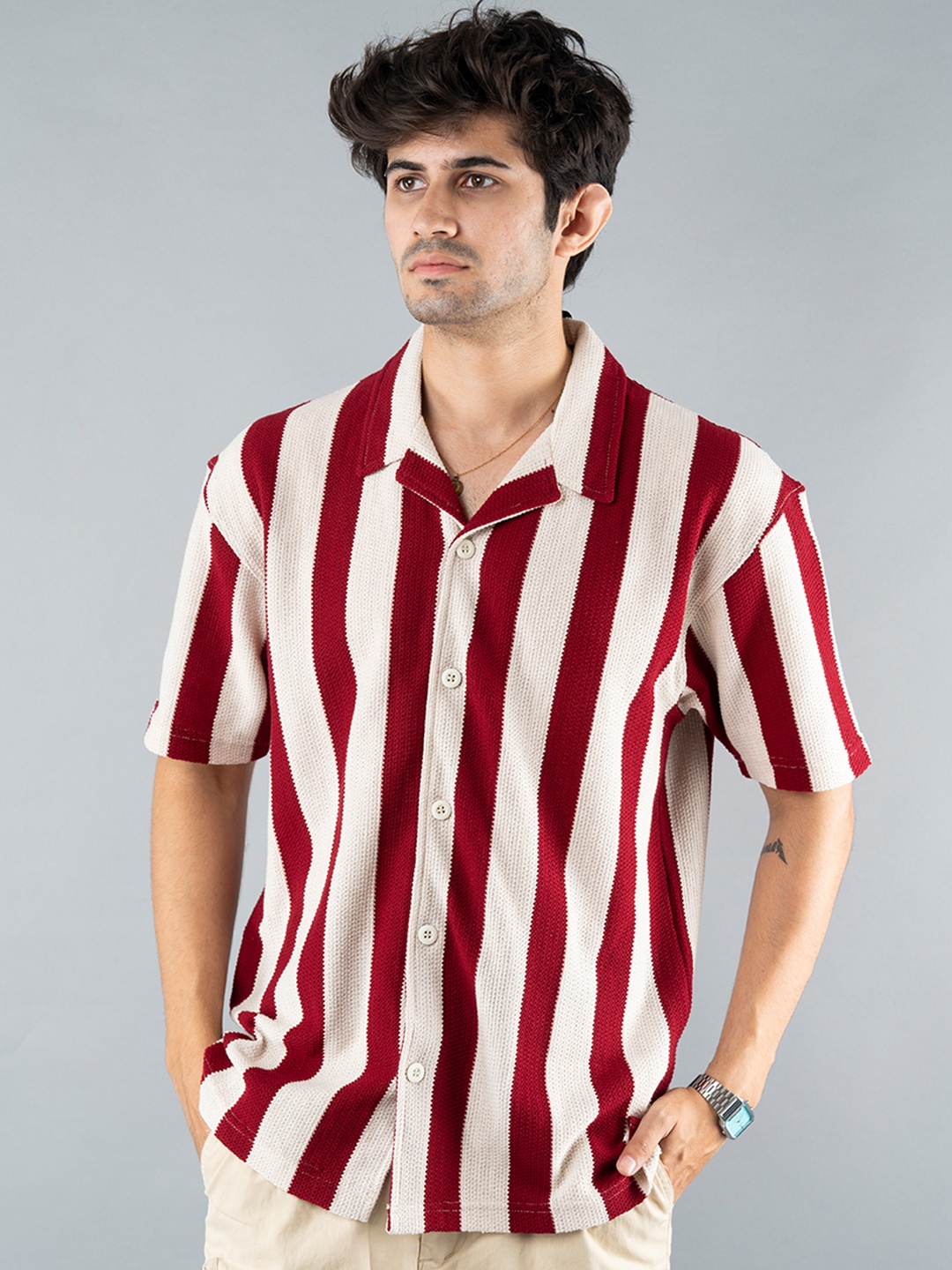 

PRONK Men Opaque Striped Casual Shirt, Maroon