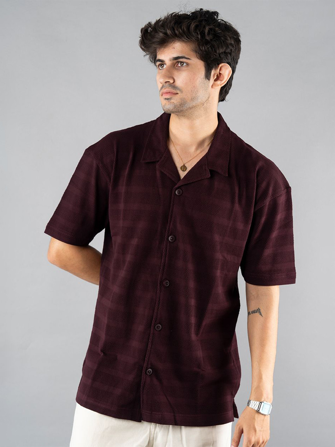 

PRONK Tartan Checks Spread Collar Short Sleeves Casual Shirt, Maroon