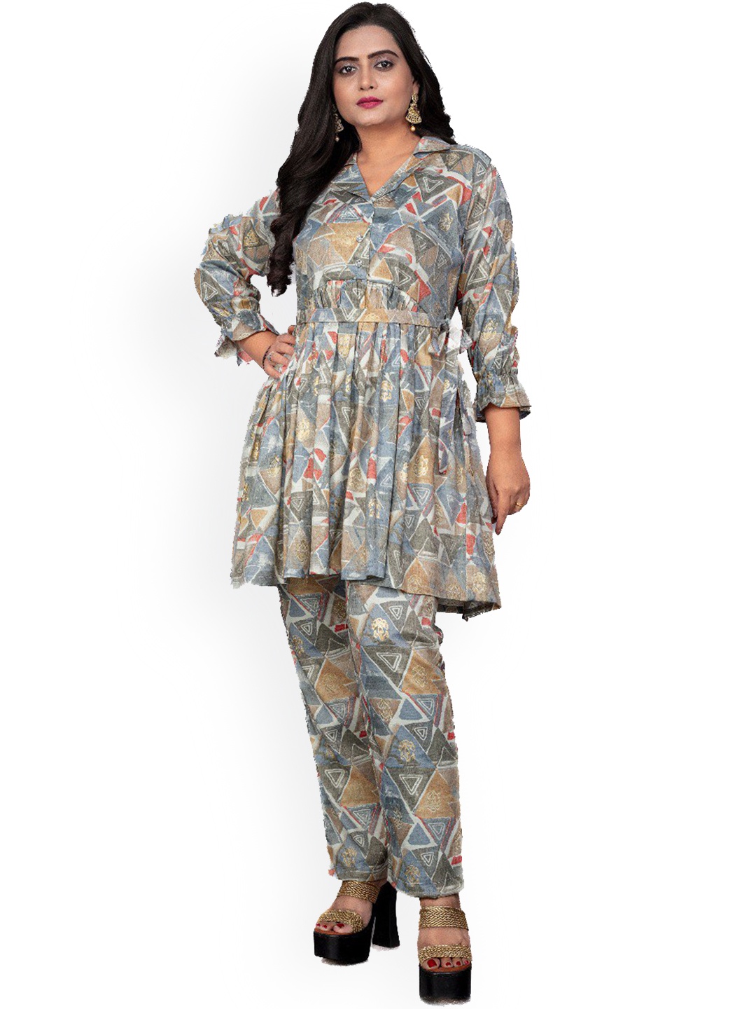 

S.K.C Printed Collar Neck Tunic With Palazzos Co-Ords, Grey