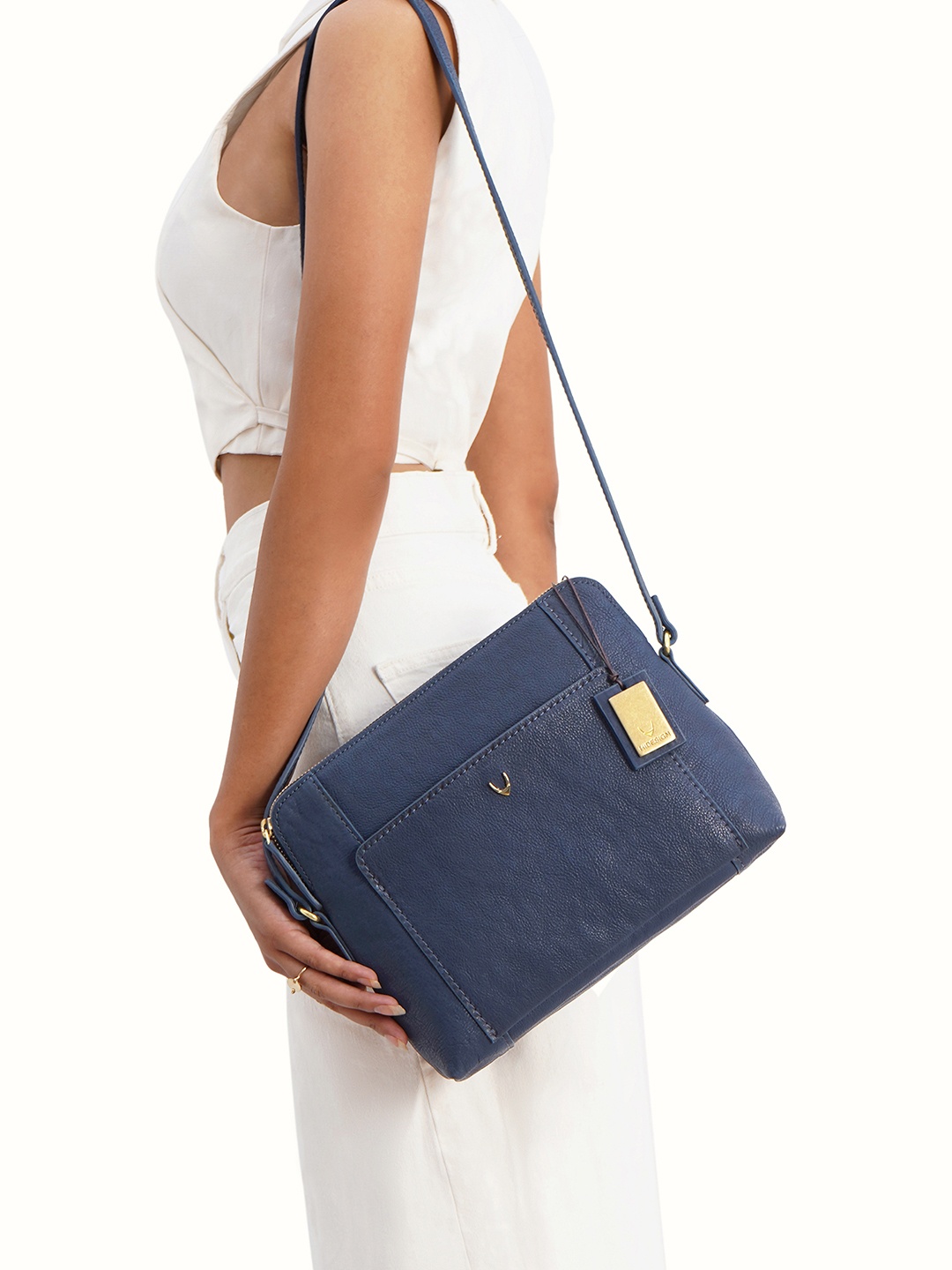 

Hidesign Leather Oversized Textured Structured Sling Bag, Blue