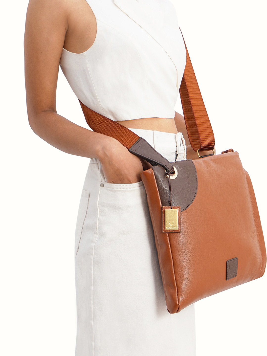 

Hidesign Small Textured Leather Structured Sling Bag, Tan