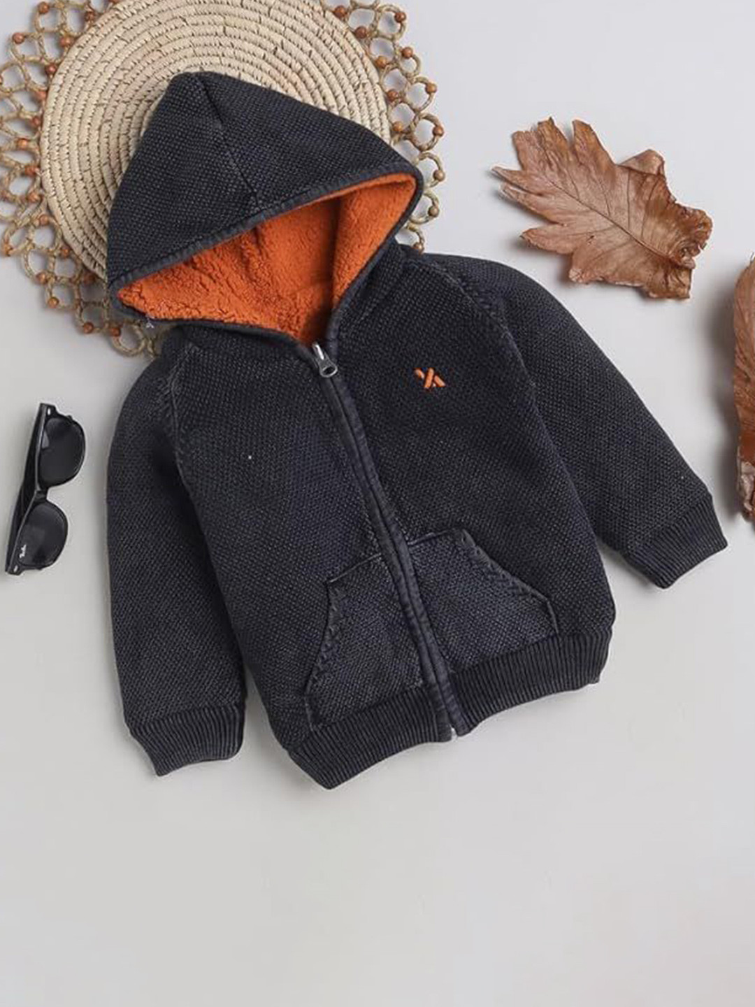 

Yellow Apple Boys Hooded Woollen Front-Open Sweater, Black