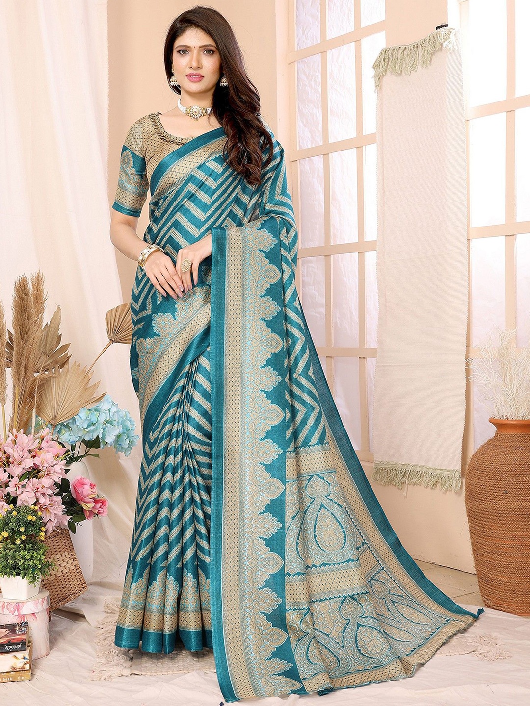 

KALINI Woven Design Zari Saree, Teal