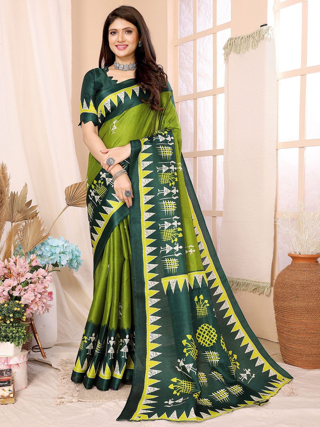 

KALINI Warli Printed Saree, Green