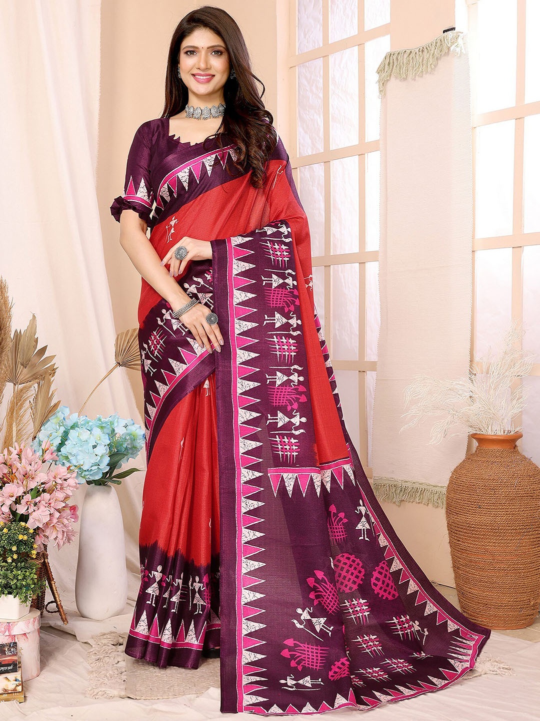 

KALINI Warli Printed Saree, Red