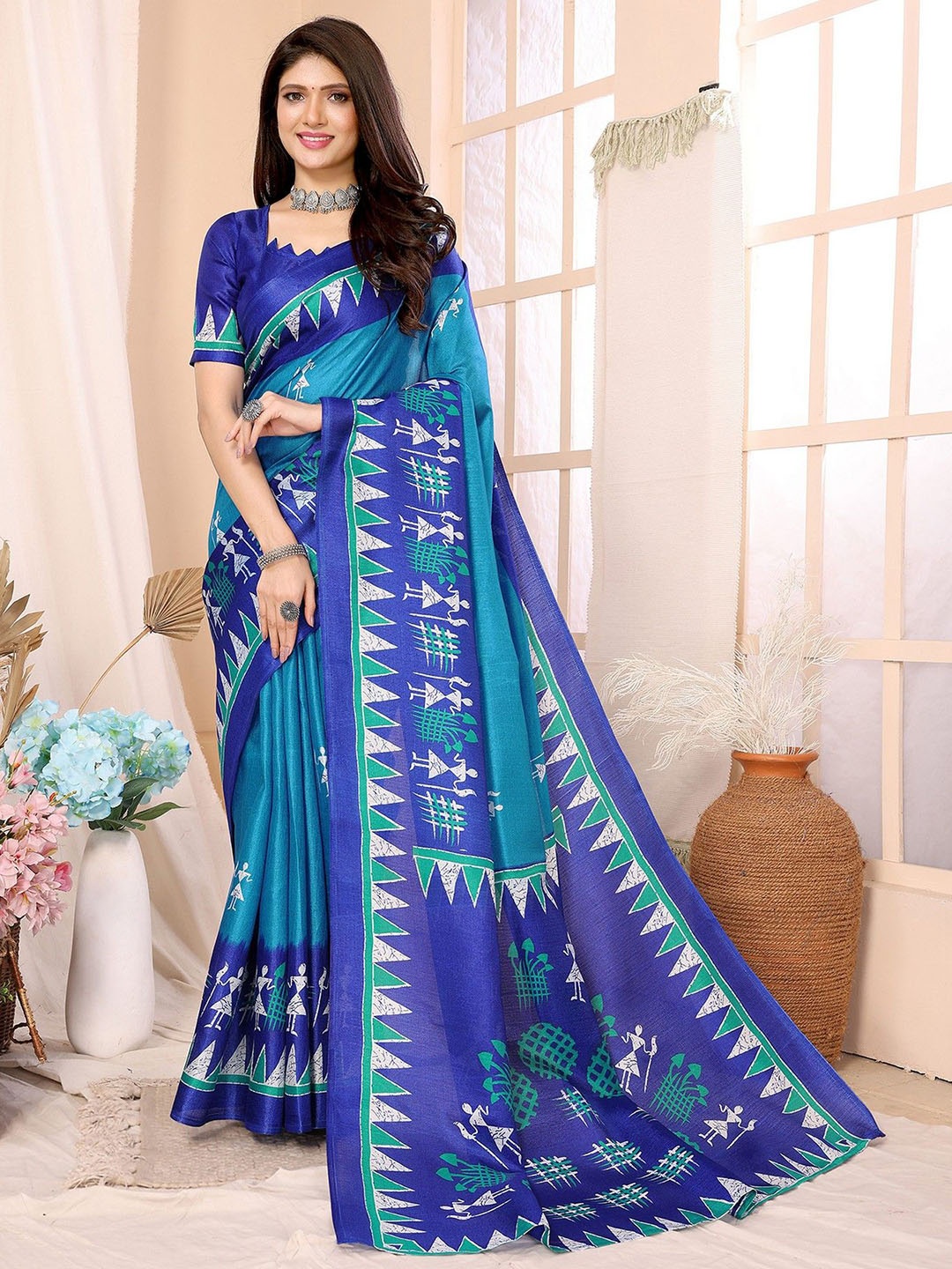 

KALINI Warli Saree With Blouse Piece, Turquoise blue