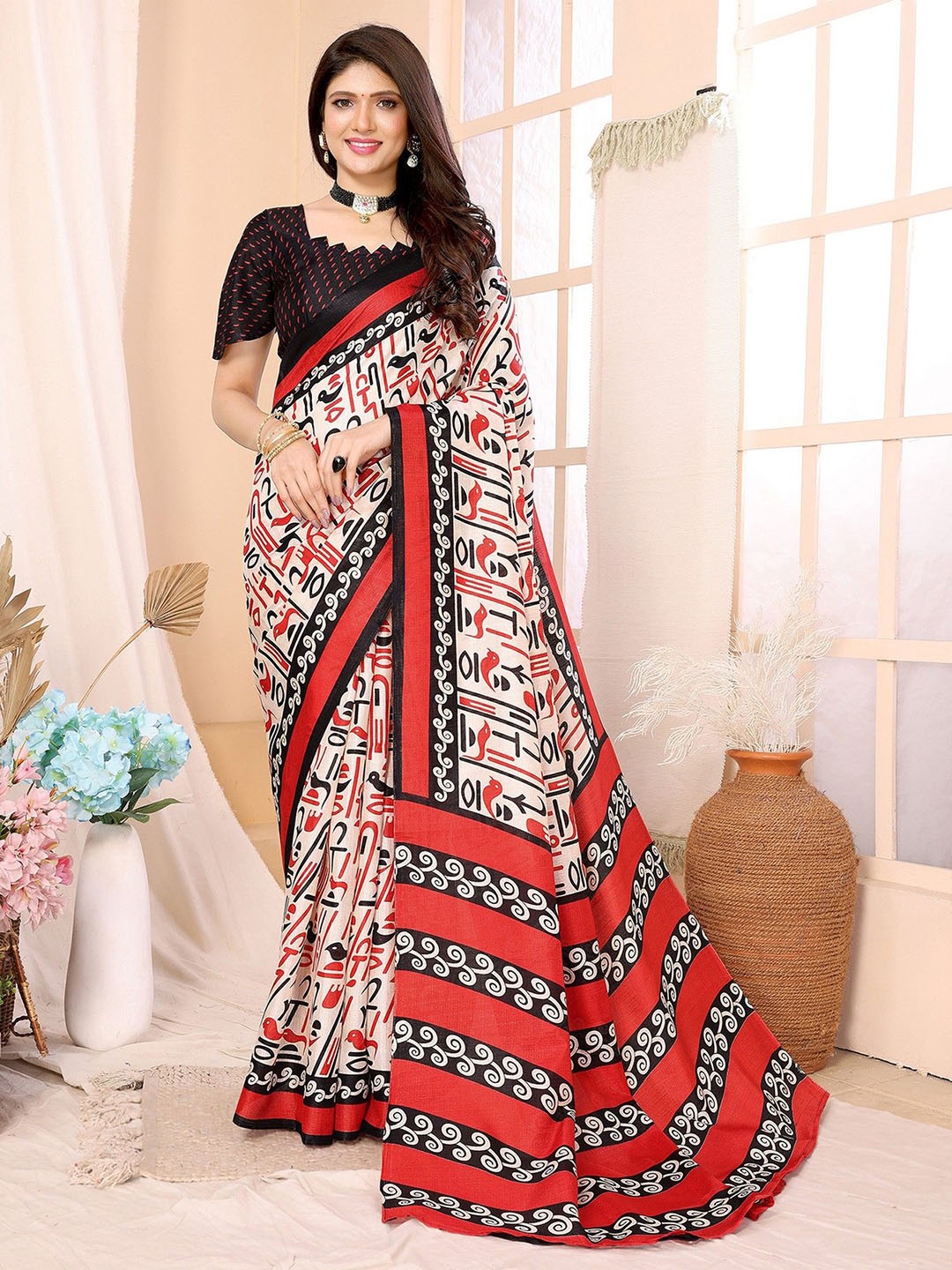 

KALINI Printed Art Silk Saree, Red