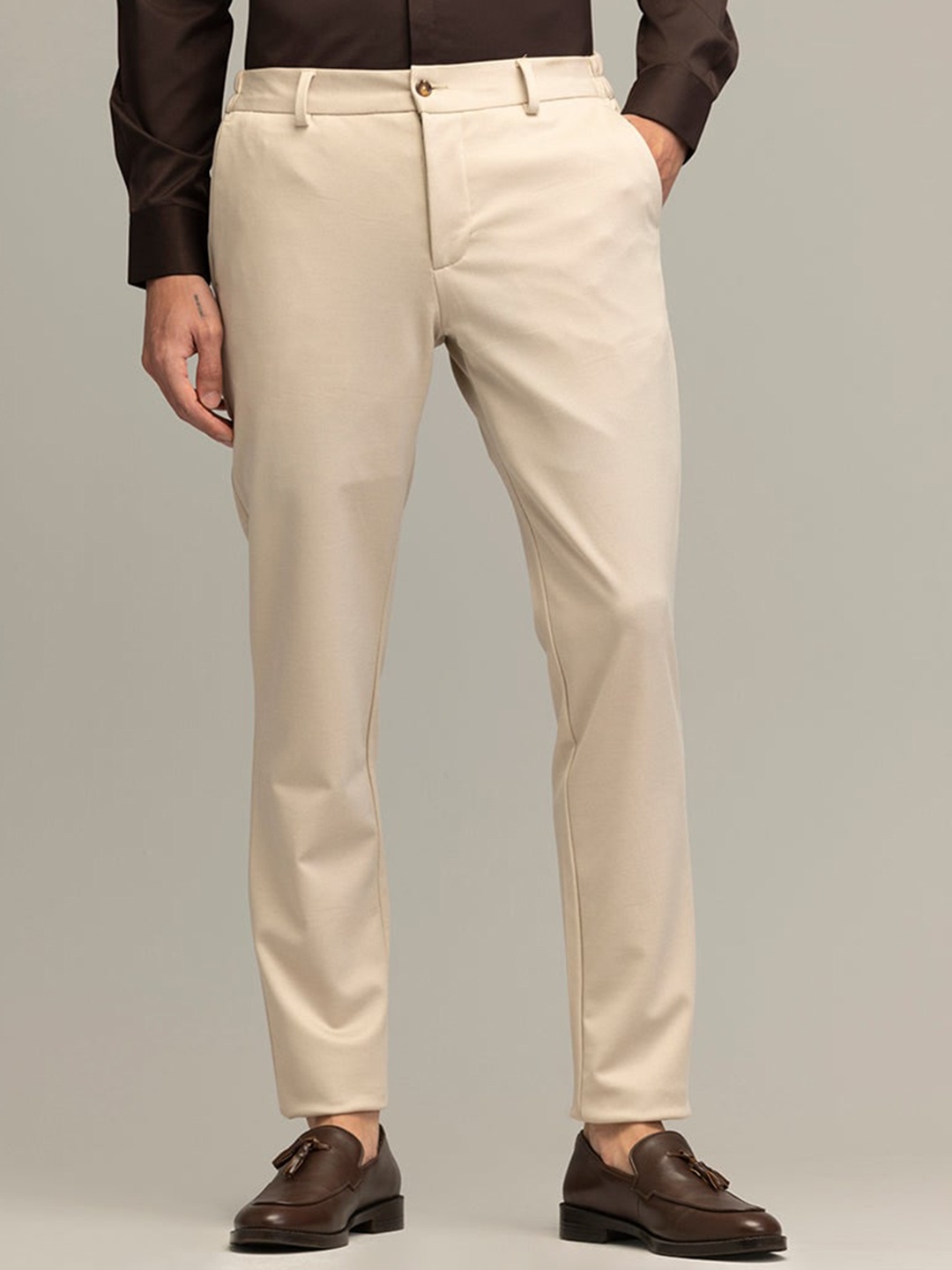 

Snitch Men Cream Coloured Smart Slim Fit Formal Trousers