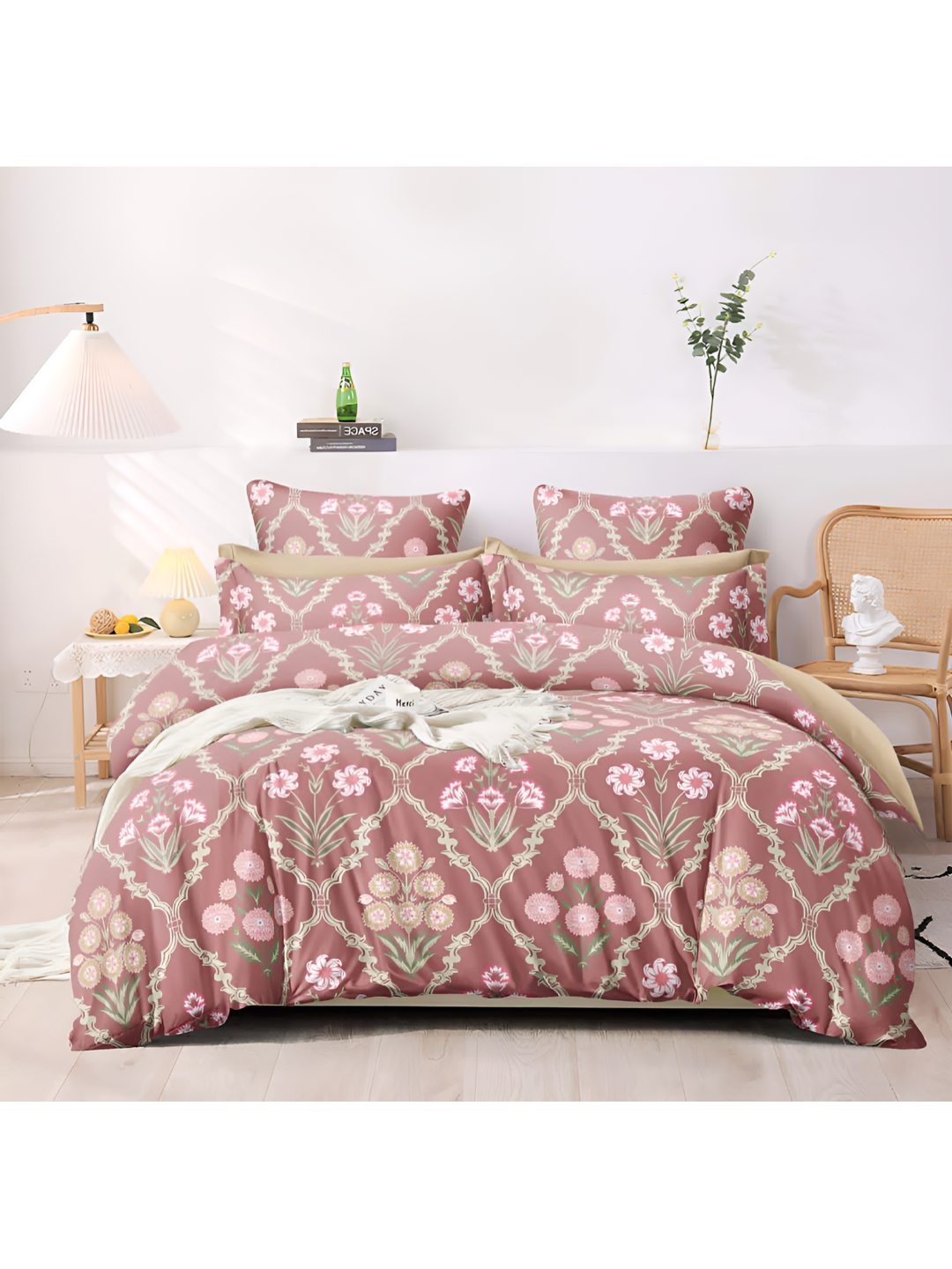 

Bajo's Pink & Beige Ethnic Motifs Cotton 350 TC King Bedsheet With 2 Pillow Covers