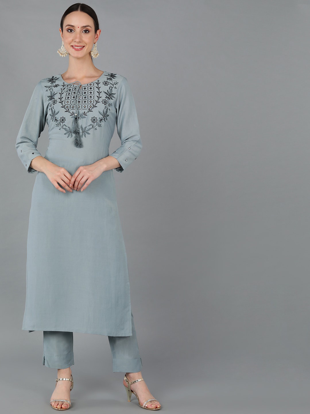 

KALINI Floral Embroidered Tie-Up Neck Straight Kurta, Grey