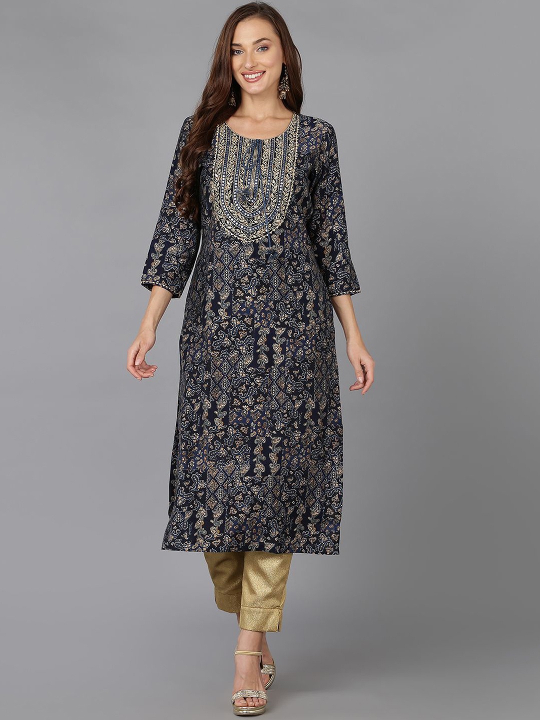 

KALINI Ethnic Motifs Embroidered Kurta, Navy blue