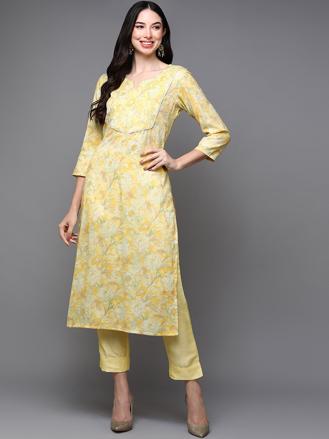 

KALINI Floral Printed Notch Neck Thread Work Cotton Straight Kurta, Yellow