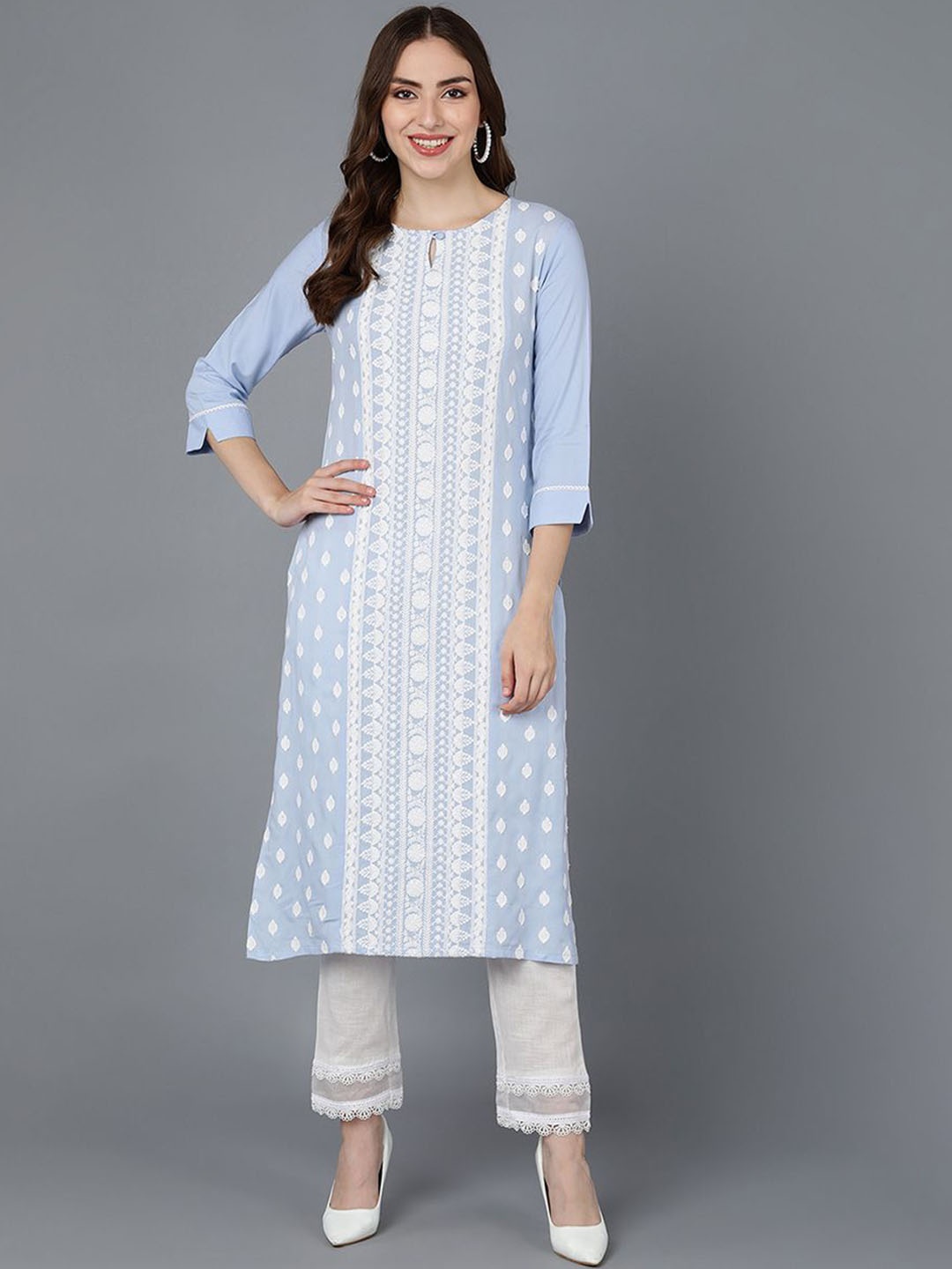 

KALINI Ethnic Motifs Printed Keyhole Neck Straight Kurta, Blue