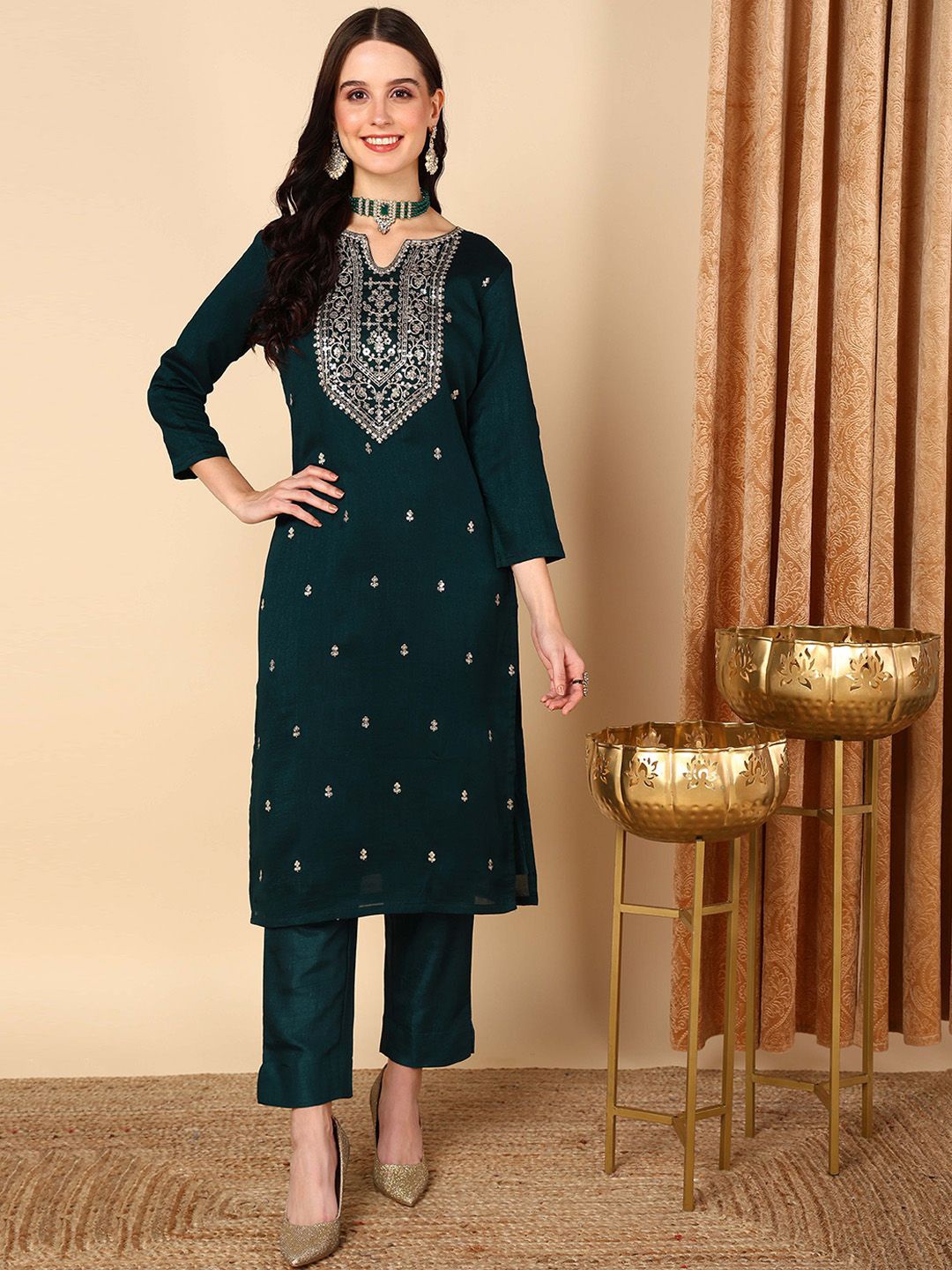 

KALINI Ethnic Motifs Yoke Design Work Kurta, Green