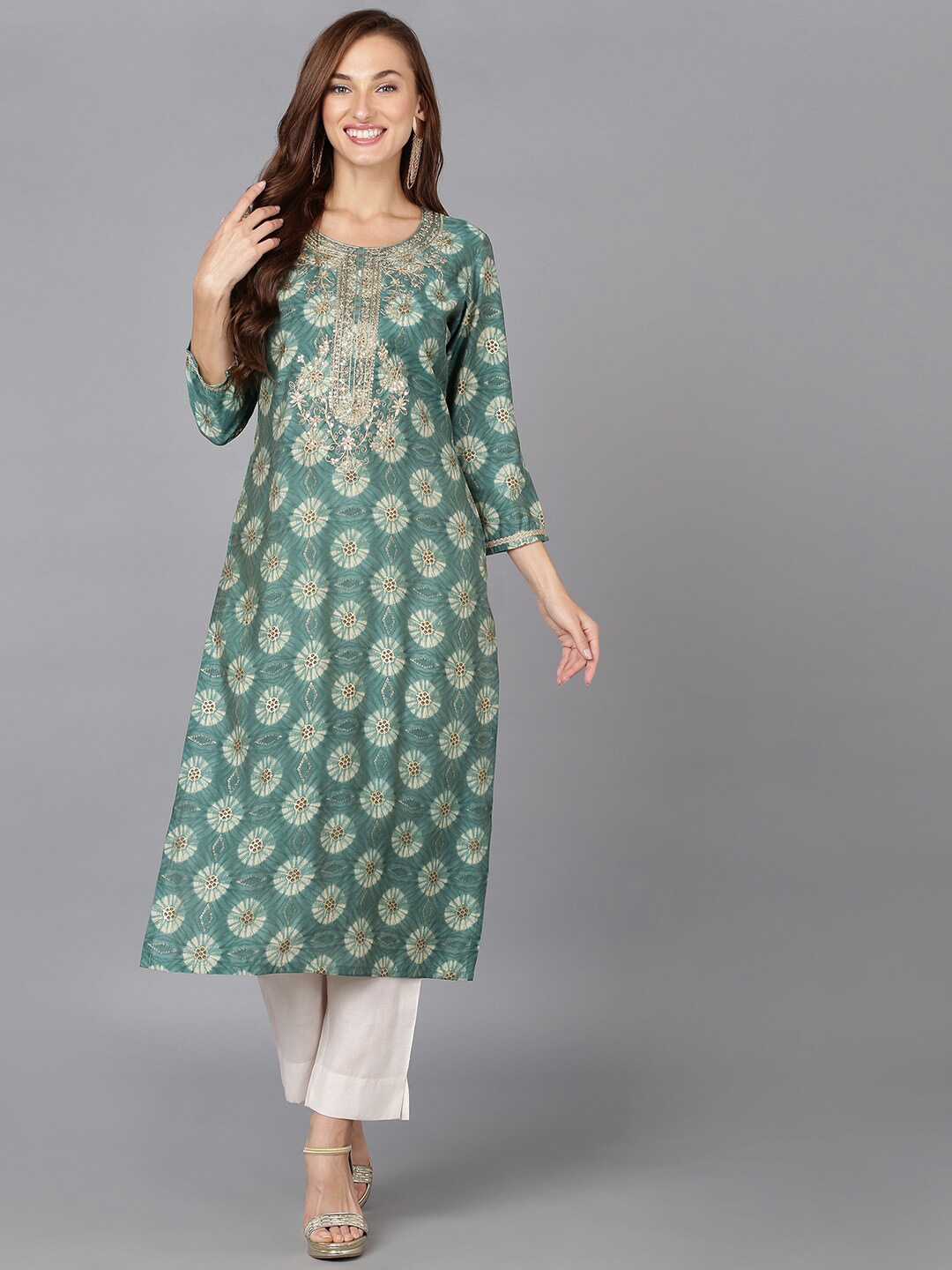 

KALINI Ethnic Motifs Yoke Design Kurta, Green