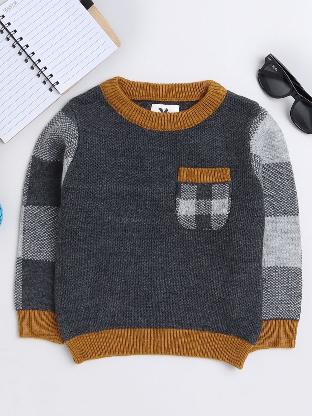 

Yellow Apple Boys Checked Round Neck Long Sleeves Woollen Pullover Sweater, Charcoal