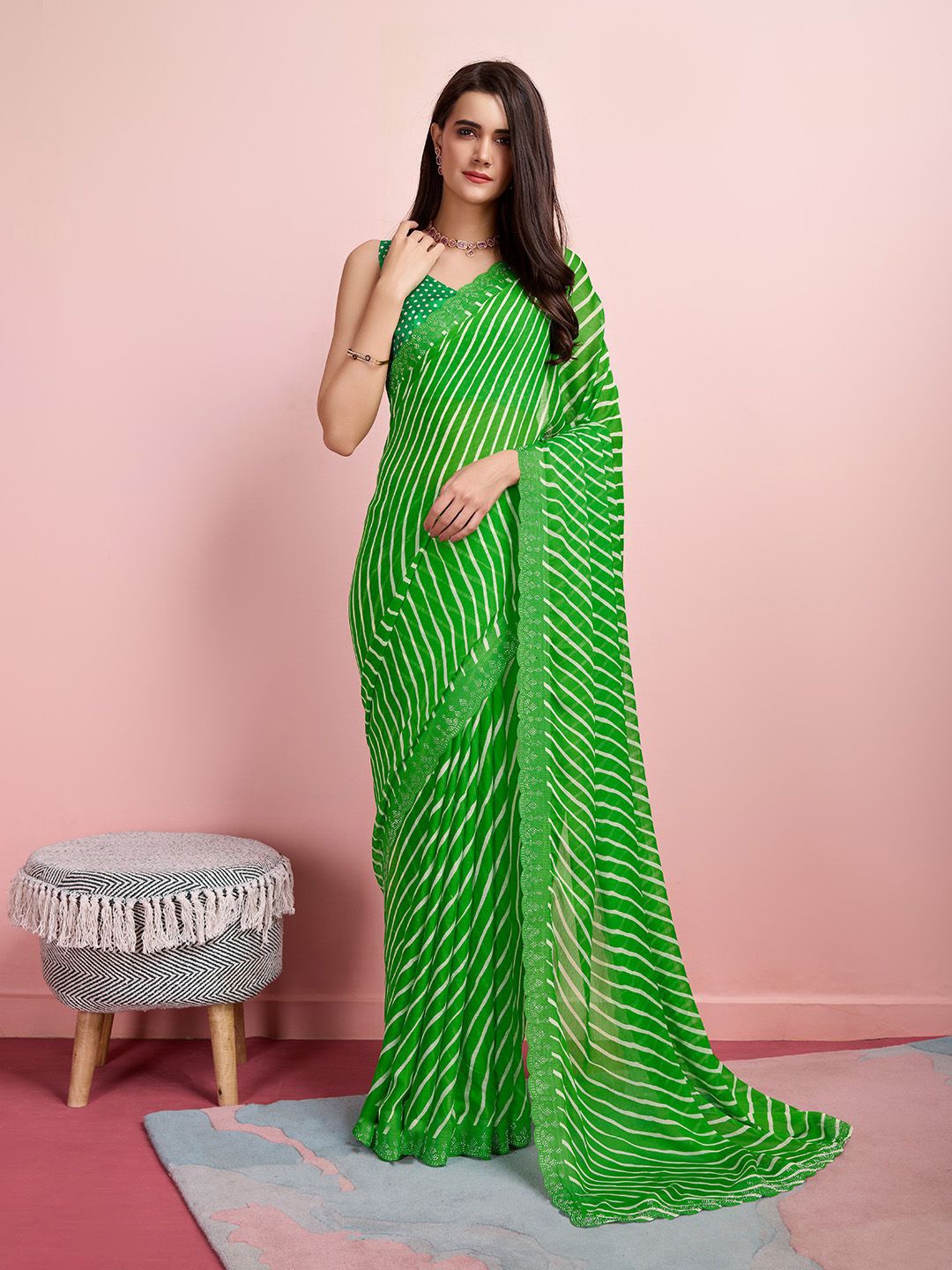 

Mitera Leheriya Pure Chiffon Saree, Green