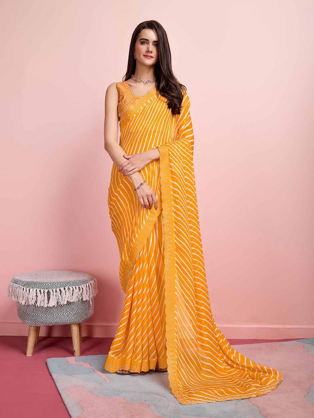 

Mitera Leheriya Printed Embellished Pure Chiffon Leheriya Saree, Yellow