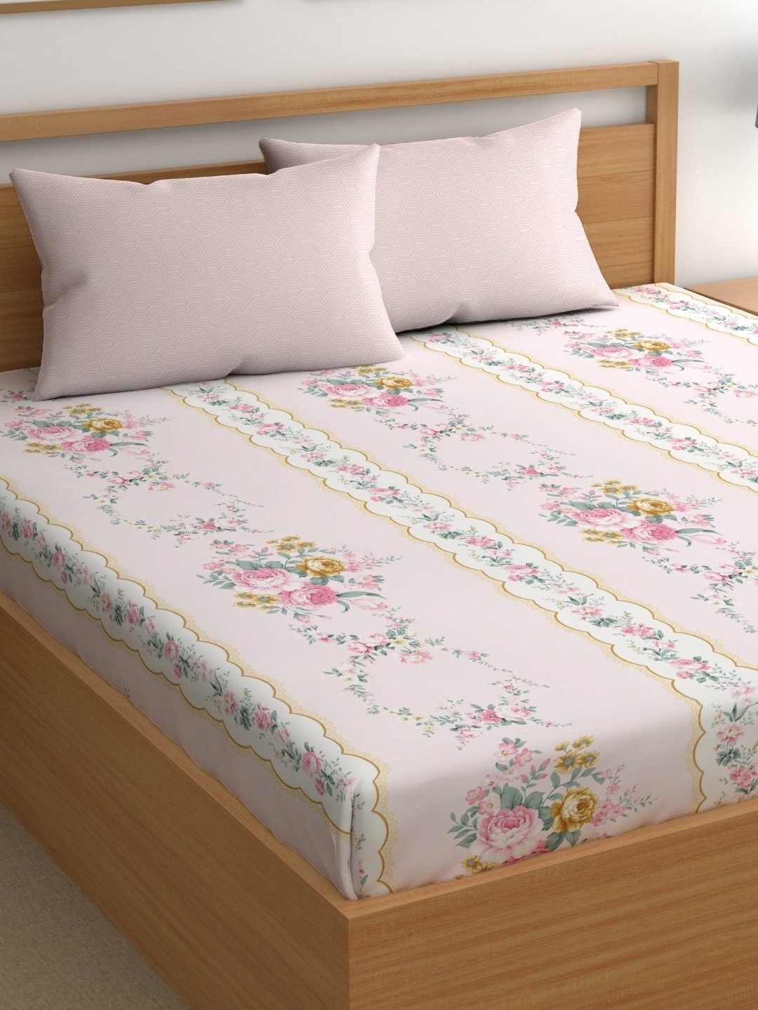 

CHHAVI INDIA Pink & Yellow Floral Microfiber 210 TC King Bedsheet With 2 Pillow Covers