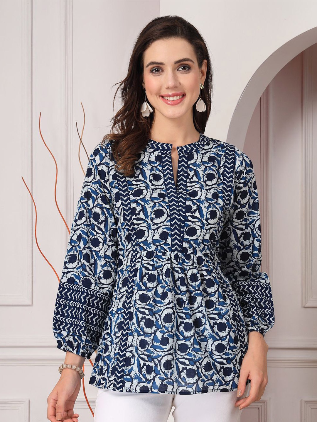 

Stylum Print Mandarin Collar Ethnic Printed Cotton Top, Navy blue