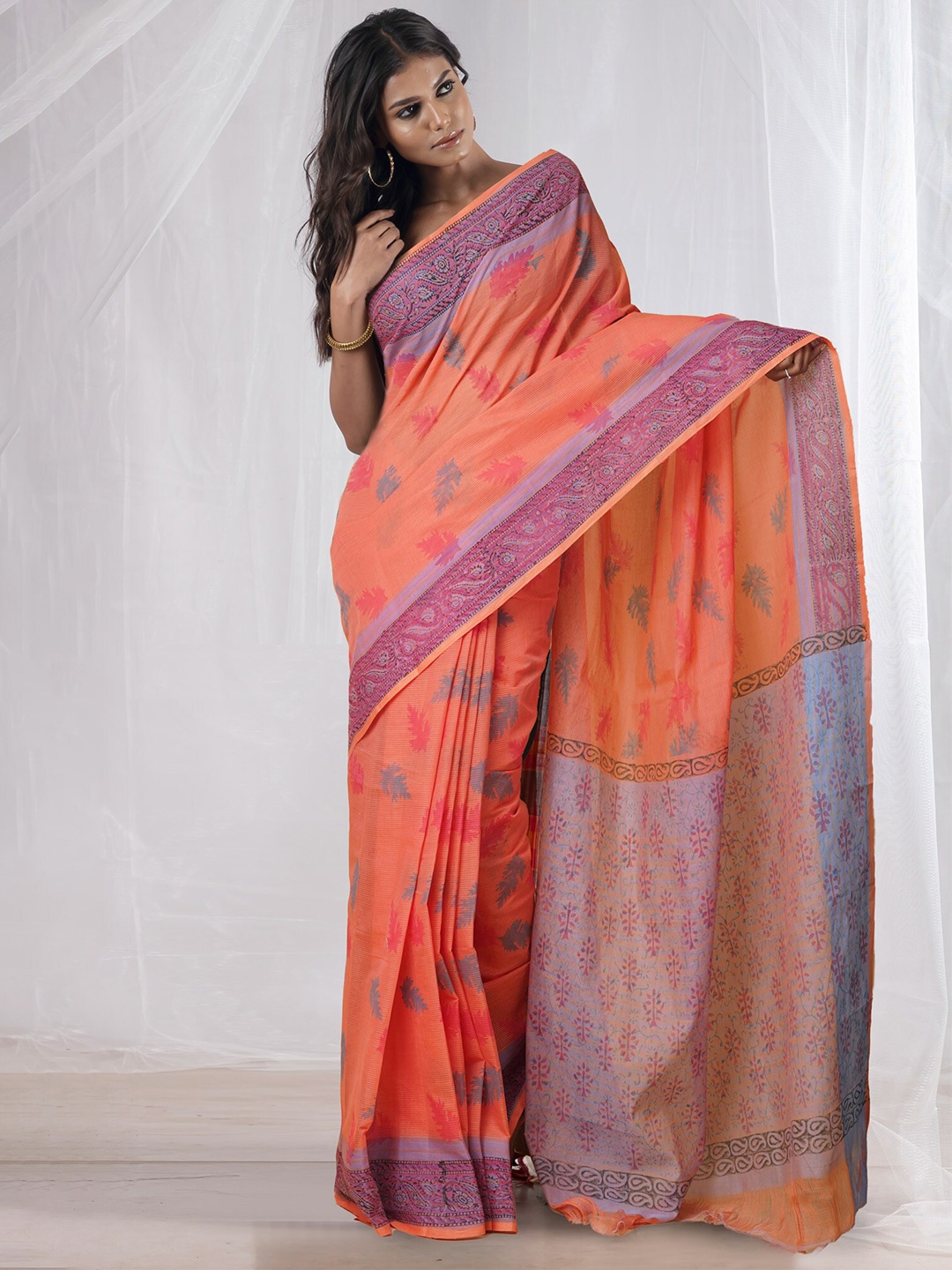 

Unnati Silks Ethnic Motifs Pure Cotton Mangalagiri Saree, Orange