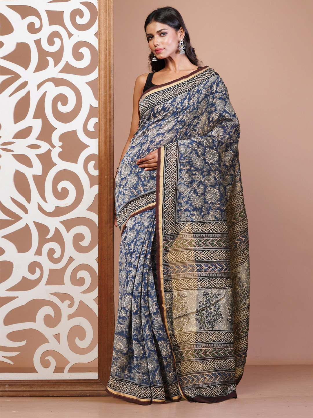 

Unnati Silks Kalamkari Handloom Bagru Chanderi Saree, Blue