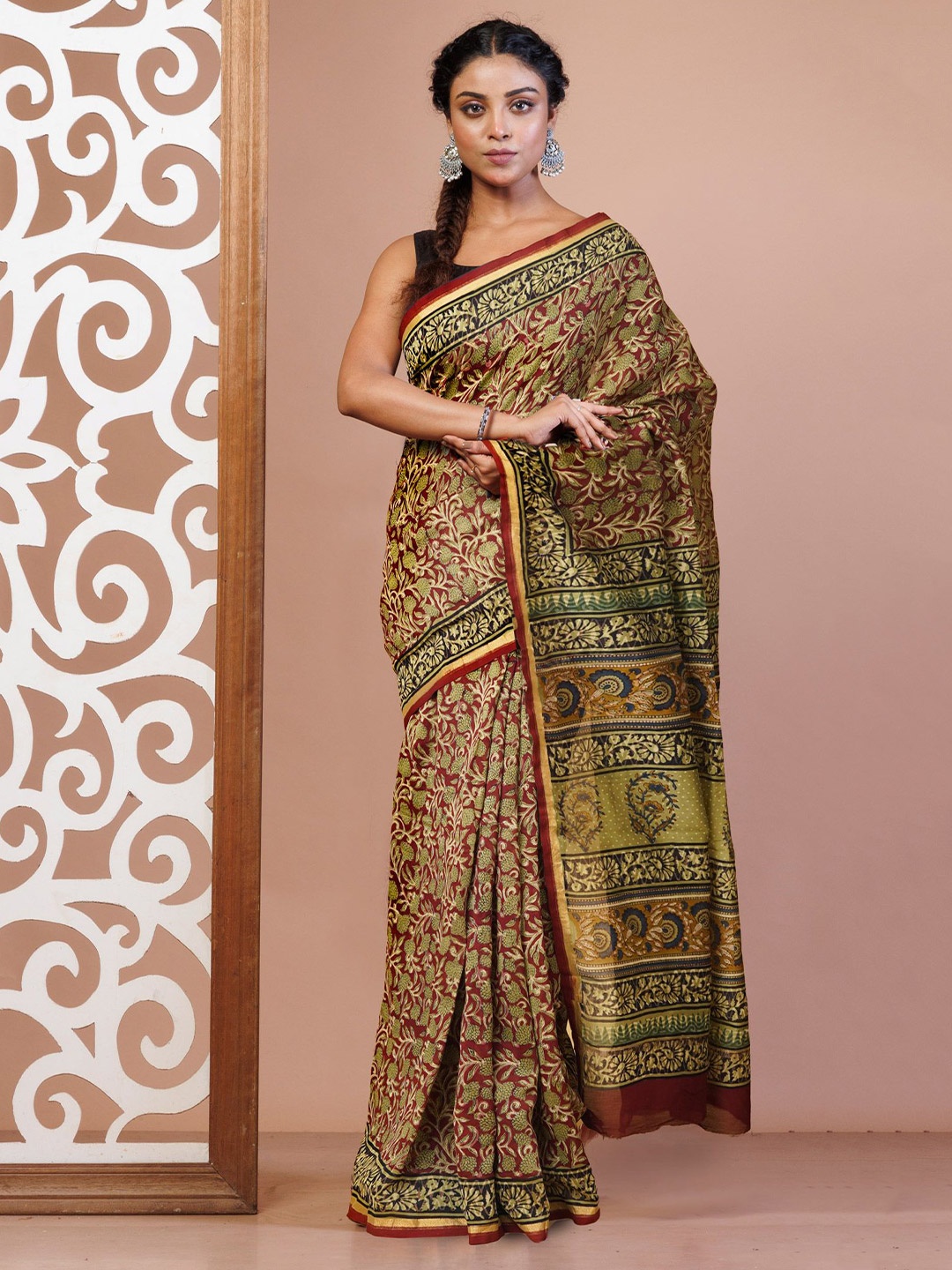 

Unnati Silks Ethnic Motifs Zari Handloom Bagru Chanderi Saree, Green