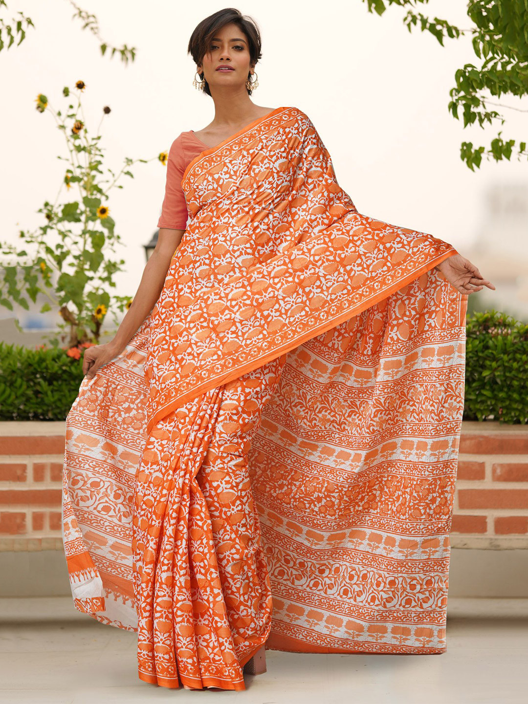 

Unnati Silks Ethnic Motifs Pure Cotton Handloom Block Print Saree, Orange