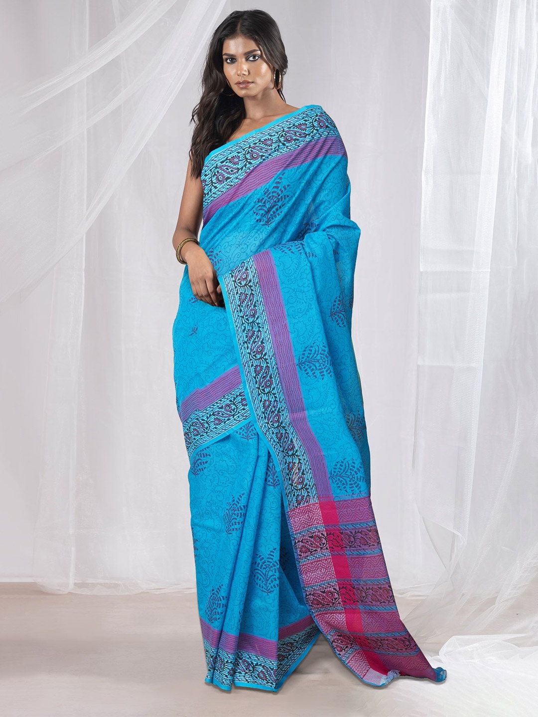 

Unnati Silks Ethnic Motifs Pure Cotton Handloom Mangalagiri Saree, Blue