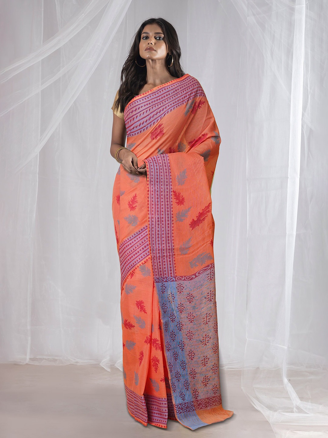 

Unnati Silks Ethnic Motifs Pure Cotton Handloom Mangalagiri Saree, Orange
