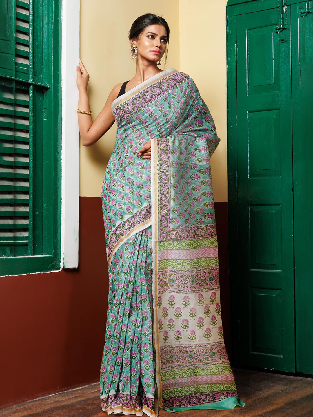 

Unnati Silks Ethnic Motifs Handloom Chanderi Saree, Turquoise blue
