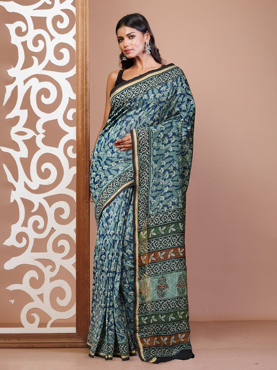

Unnati Silks Kalamkari Zari Handloom Bagru Chanderi Saree, Blue