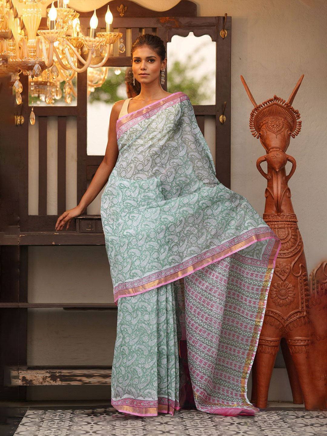 

Unnati Silks Ethnic Motifs Pure Cotton Handloom Kota Saree, Green