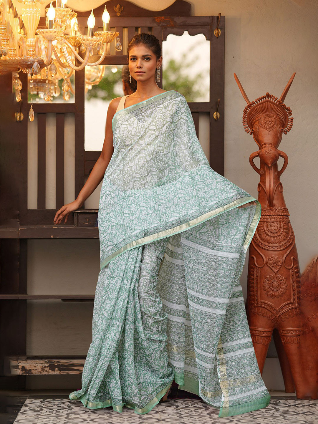 

Unnati Silks Ethnic Motifs Zari Pure Cotton Handloom Kota Saree, Green