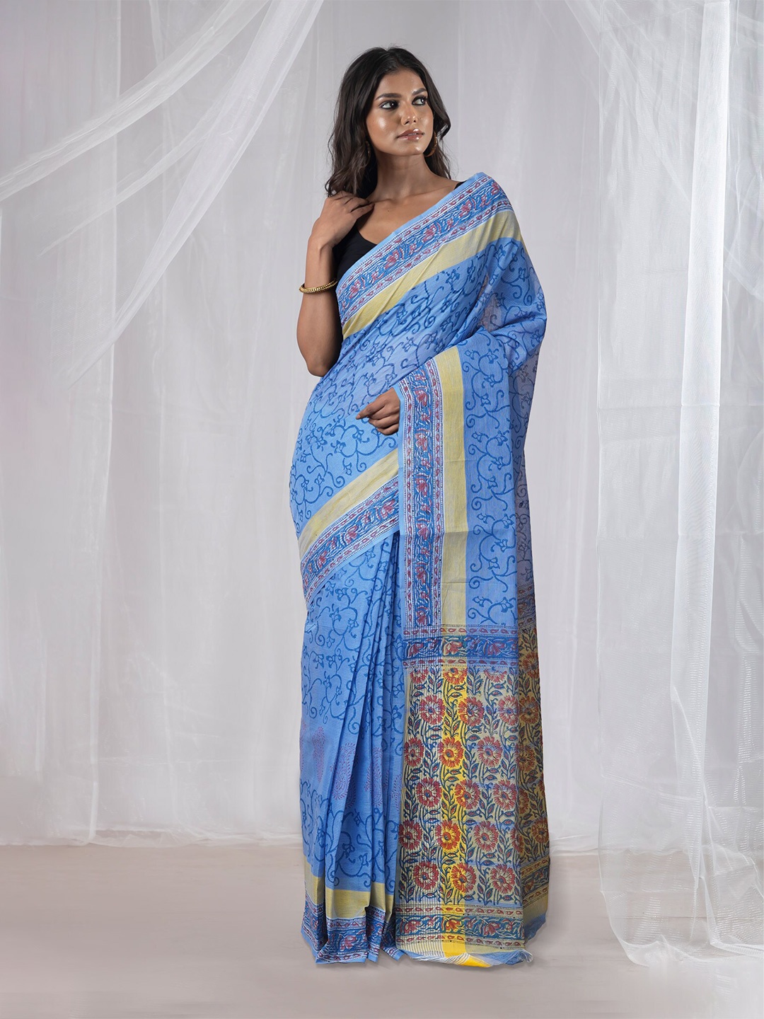 

Unnati Silks Ethnic Motifs Pure Cotton Handloom Mangalagiri Saree, Blue