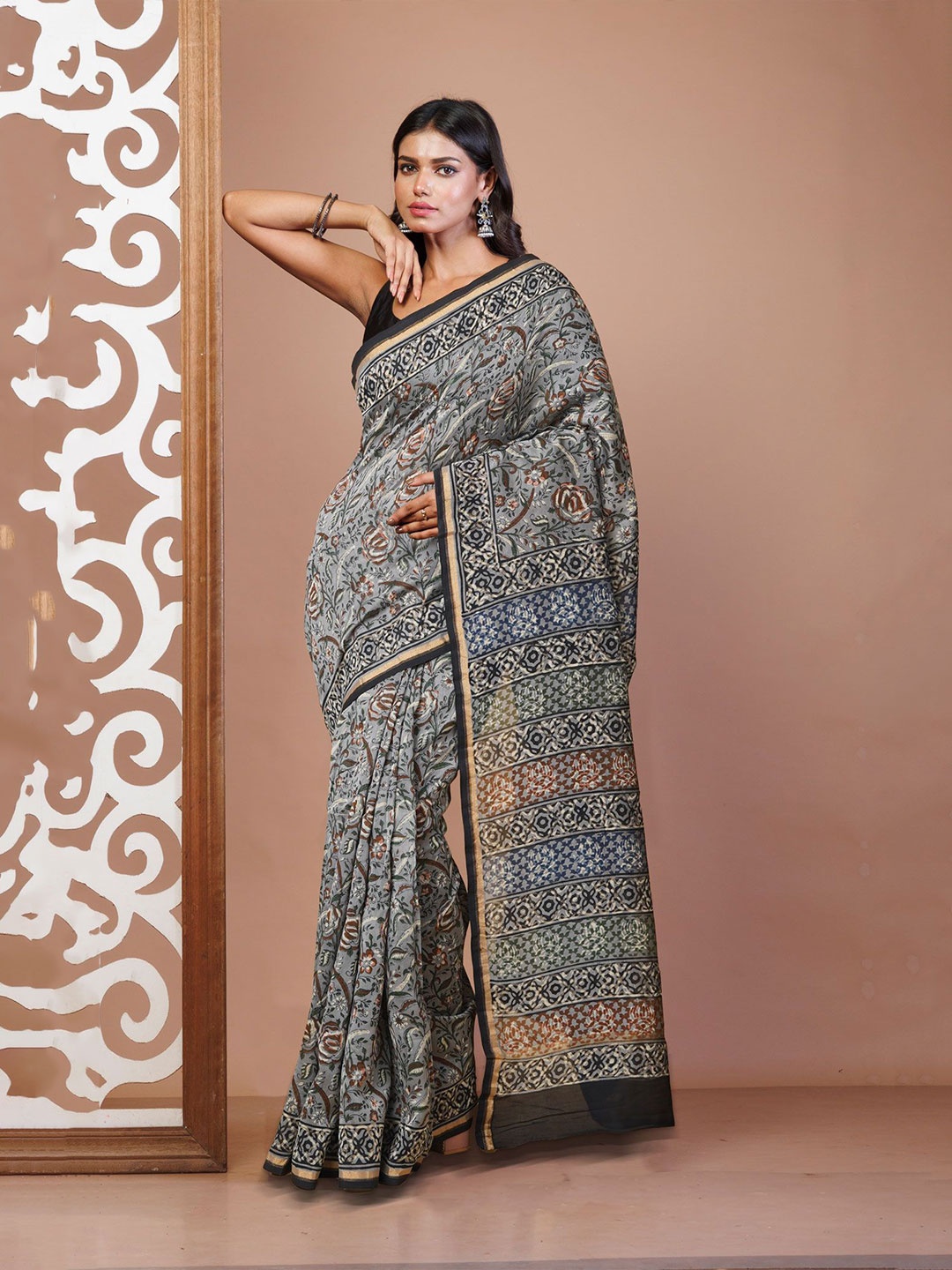 

Unnati Silks Kalamkari Printed Handloom Chanderi Saree, Grey