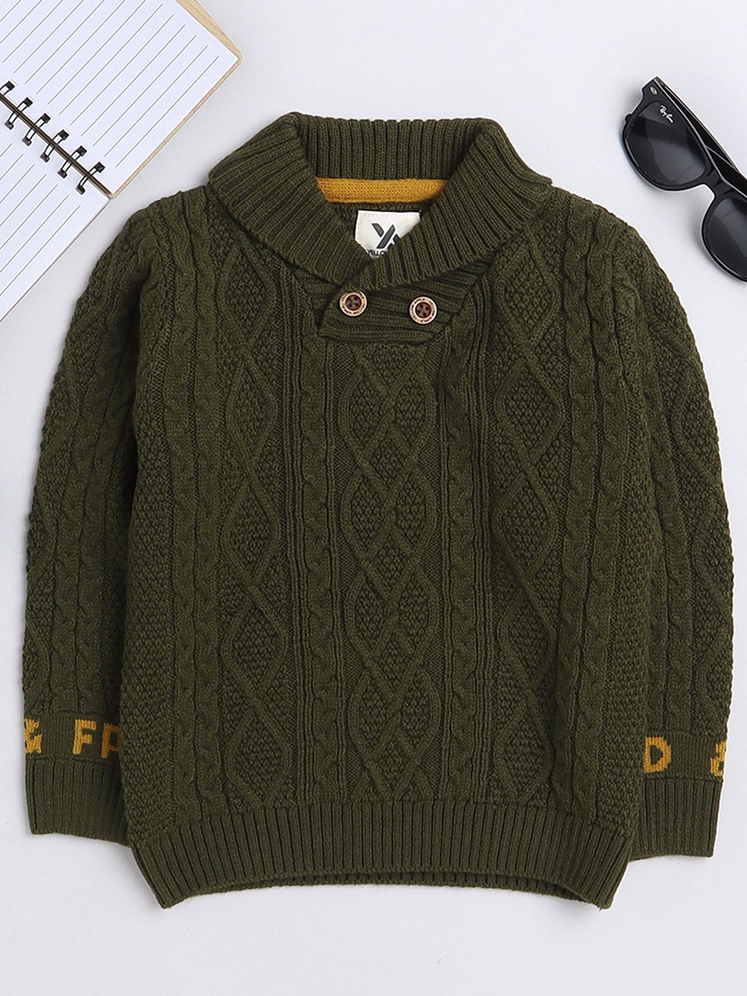 

Yellow Apple Boys Cable Knit V-Neck Woollen Pullover Sweater, Olive