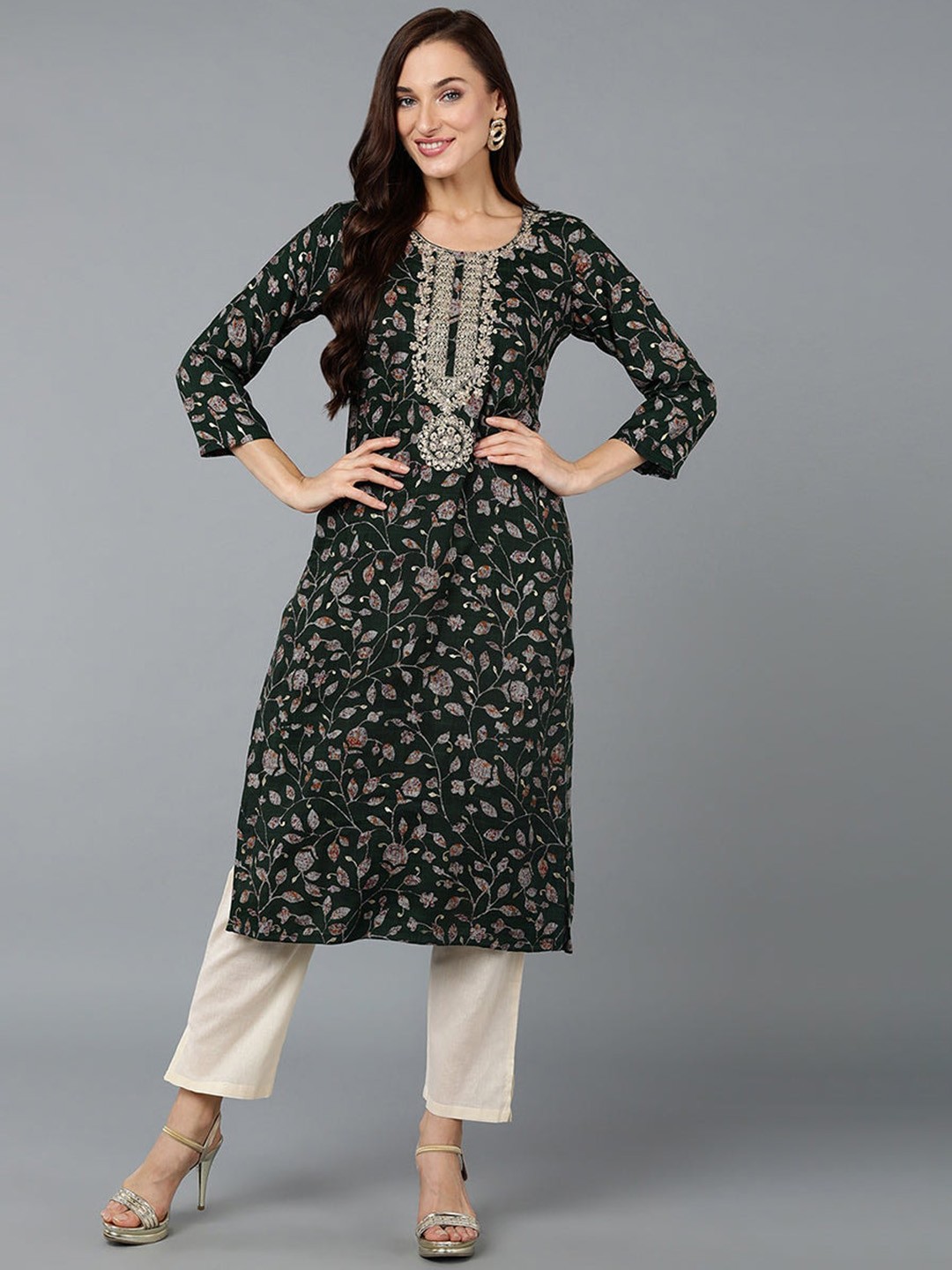 

KALINI Floral Printed Embroidered Straight Kurta, Green