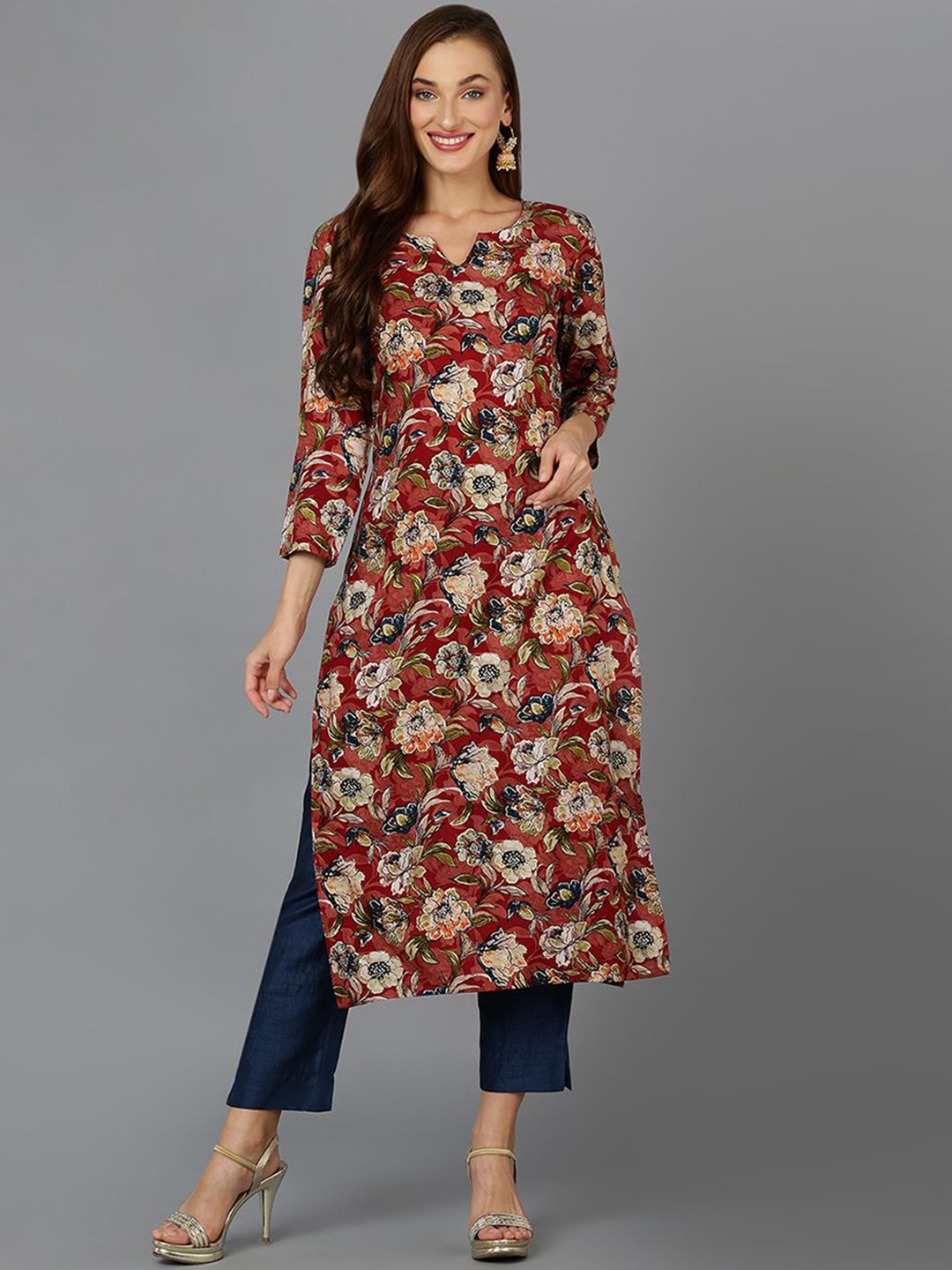 

KALINI Floral Printed Straight Kurta, Maroon