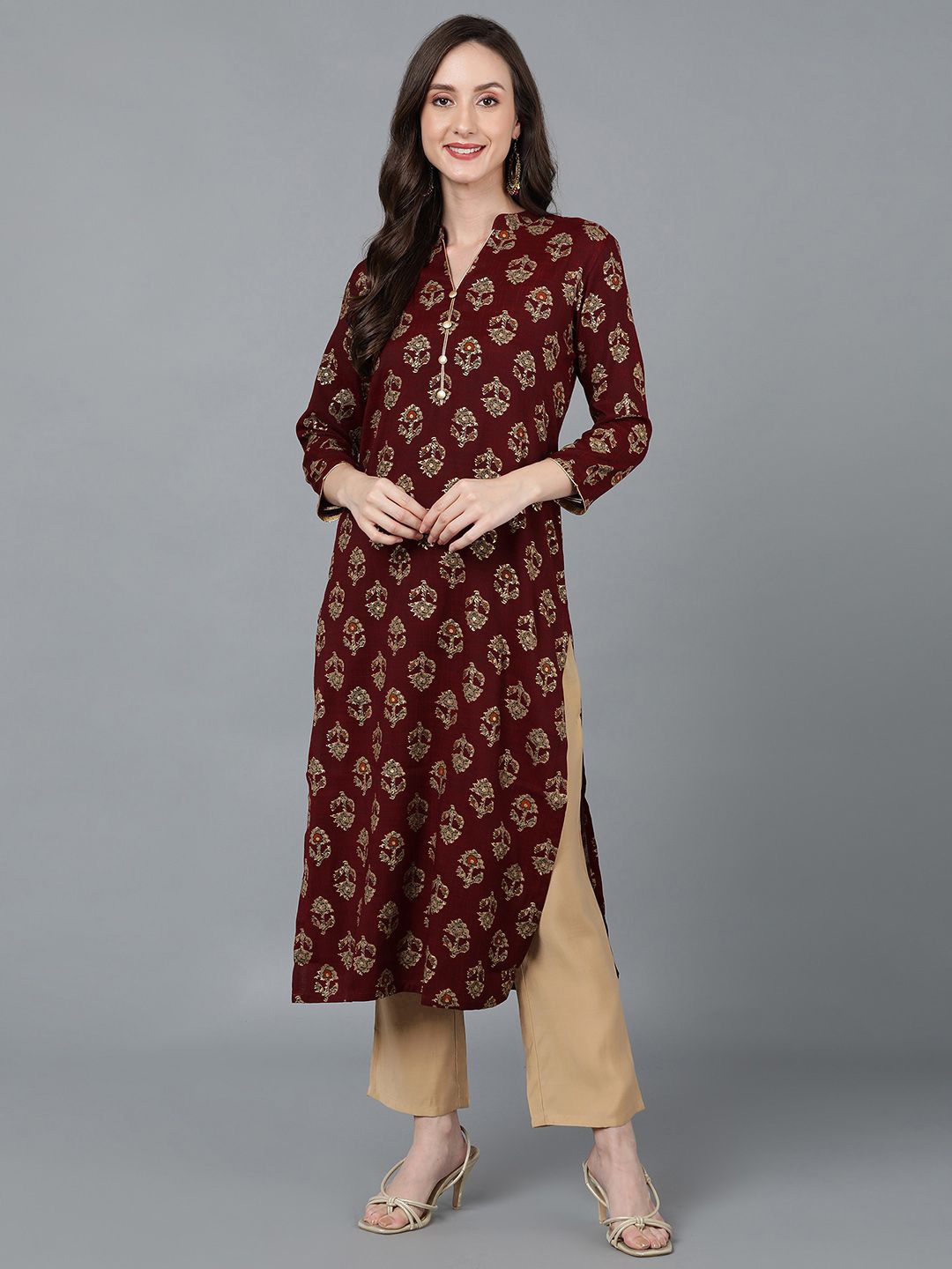 

KALINI Ethnic Motifs Printed Mandarin Collar Straight Kurta, Maroon