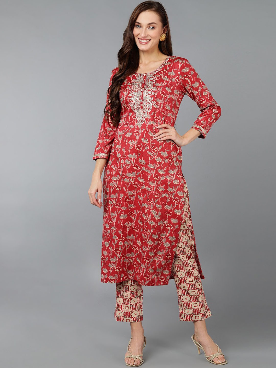 

KALINI Floral Printed Yoke Design Round Neck Thread Work Straight Kurta, Red