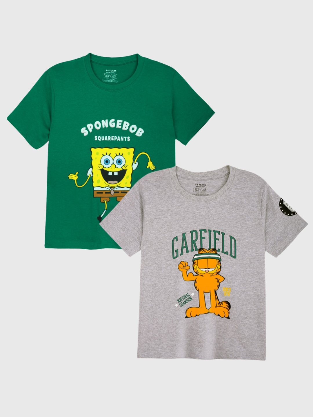 

Kids Unisex Pack Of 2 Spongebob & Garfield Printed Cotton T-shirts, Grey