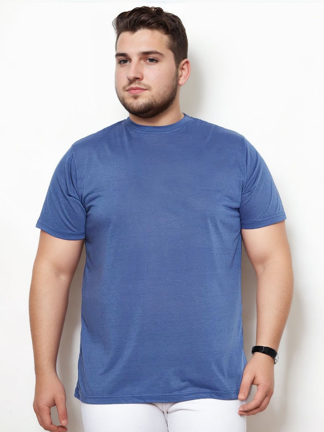 

NOBERO Plus Size Round Neck Short Sleeves Cotton Regular T-shirt, Blue