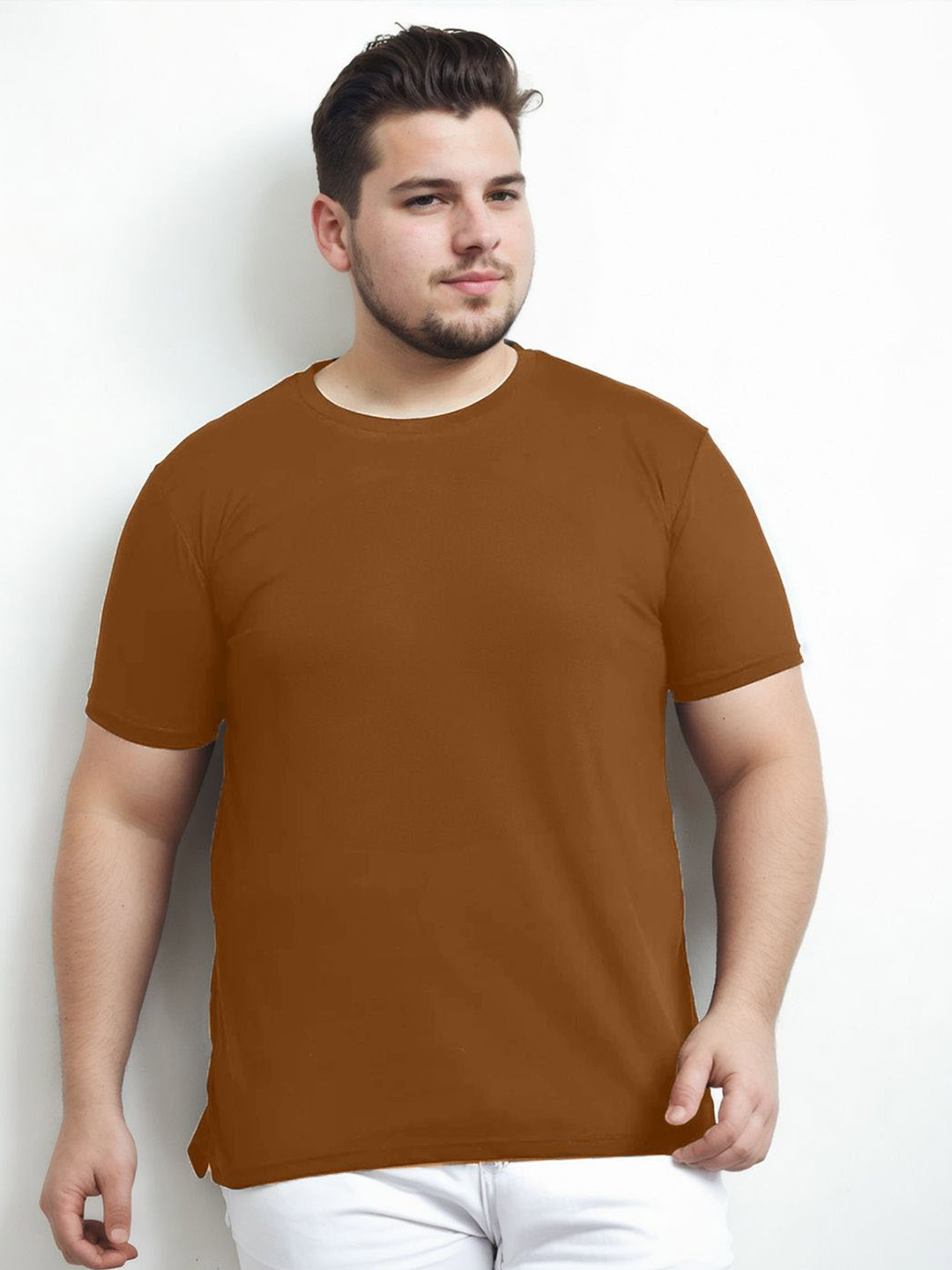 

NOBERO Men Round Neck Solid Cotton T-shirt, Brown