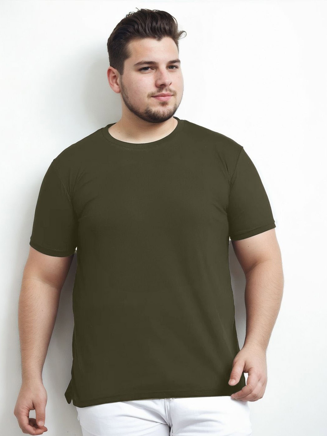 

NOBERO Plus Size Round Neck Short Sleeves Cotton Regular T-shirt, Olive