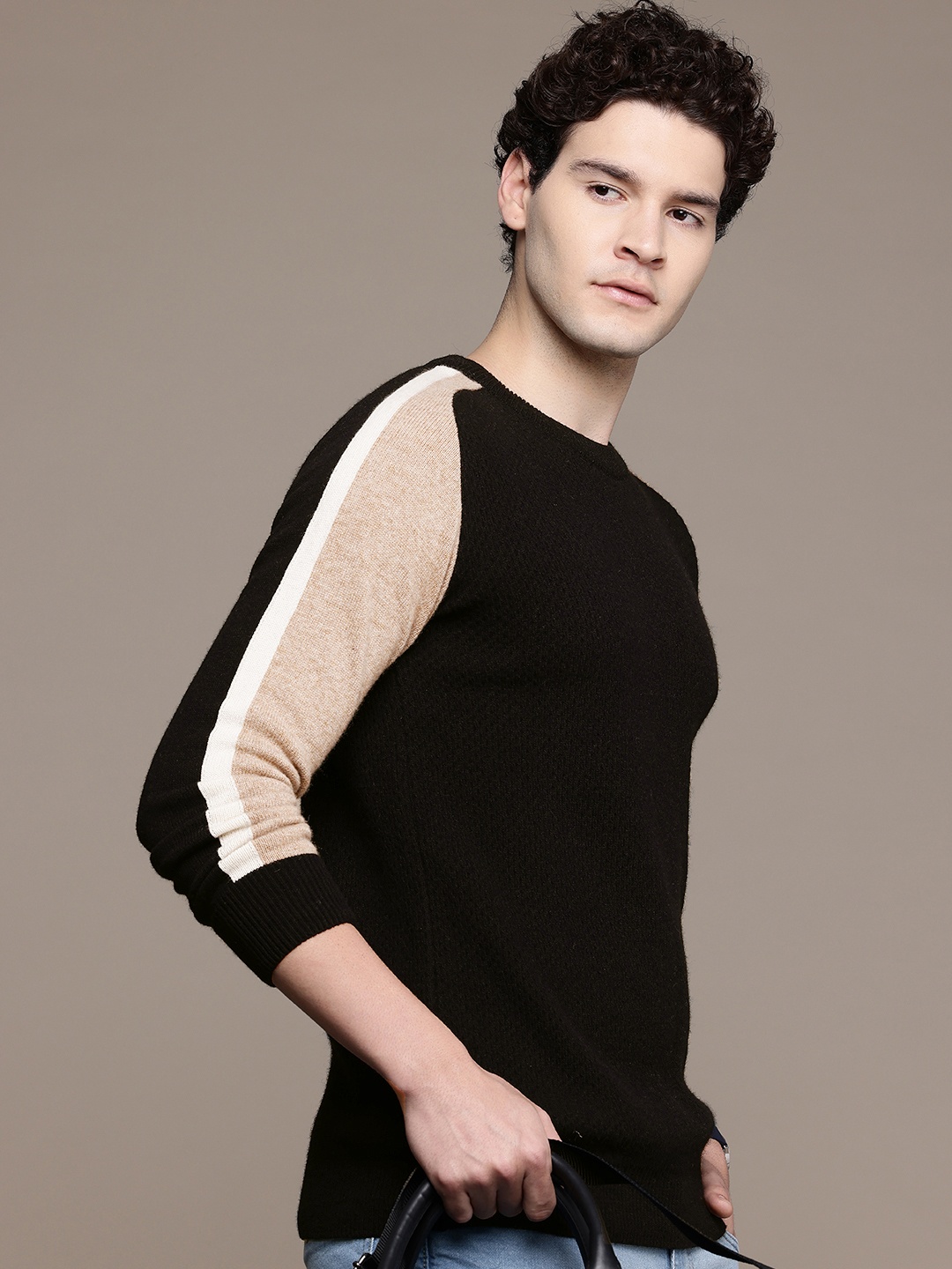 

French Connection Geometric Self Designed Round Neck Pullover, Black