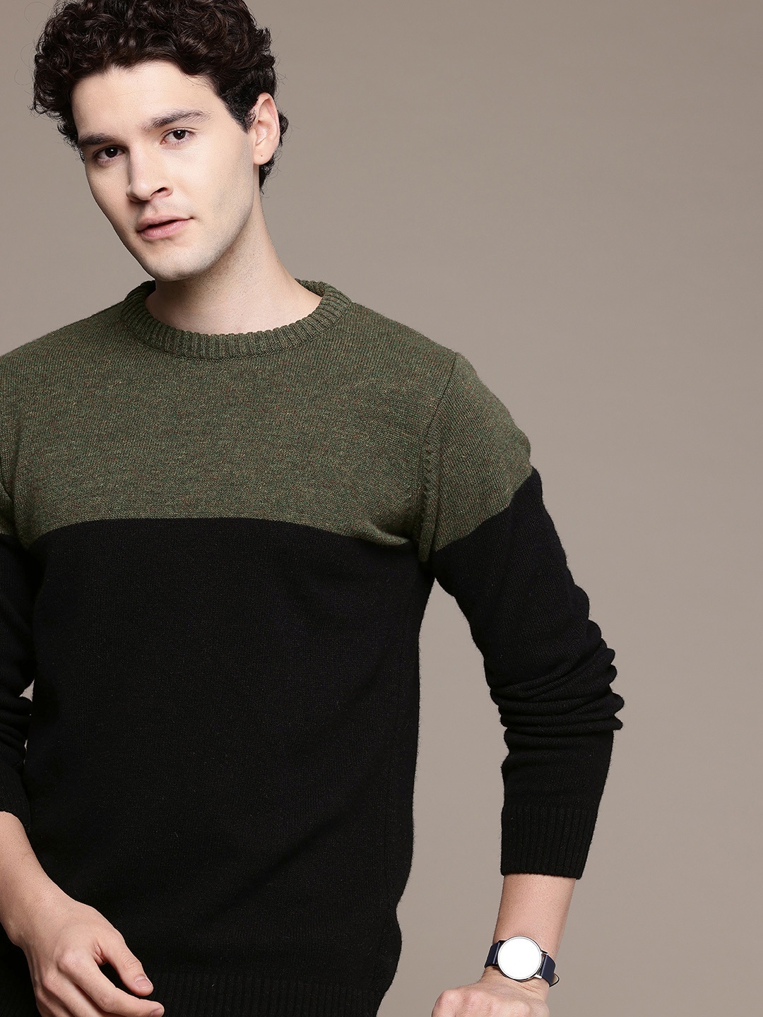 

French Connection Colourblocked Pullover, Olive