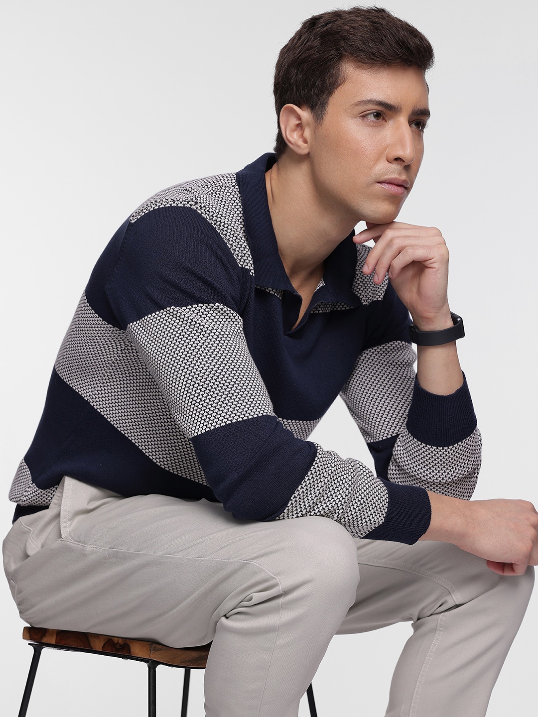 

French Connection Striped Pure Cotton Sweater, Navy blue